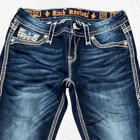 Rock Revival 27 (28X33) Saralyn Easy Skinny Low rise Dark Embroidery Flap Pocket - Picture 3 of 12